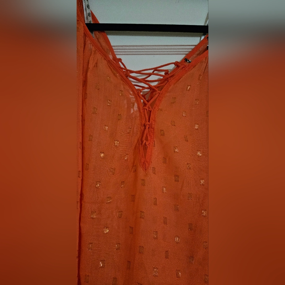 Shear Flutter Sleeve Orange with Gold Accent Top. Lace up Accent on front&back - Picture 4 of 5